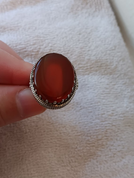 Large Tribal-Style/Byzantium-Style, Oval Genuine Carnelian and Sterling Silver Ring