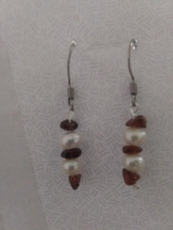 Genuine Garnet & Freshwater Pearl Dangle Earrings