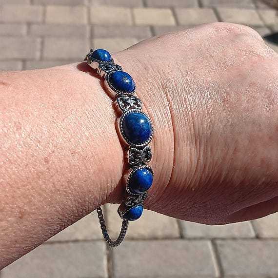 Tribal-Style, Genuine Lapis Lazuli and Stainless Steel Bracelet