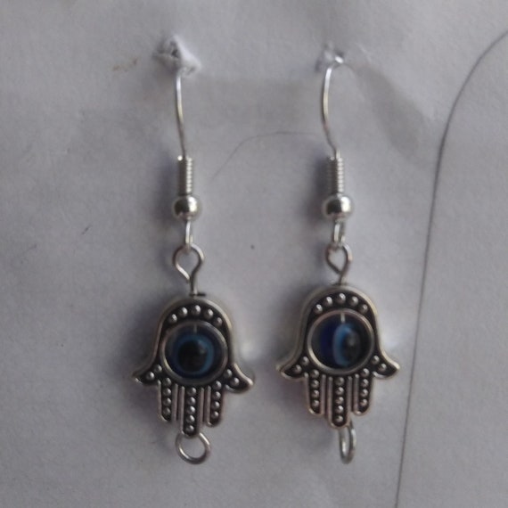Middle-Eastern Hamsa Earrings With Atchk/Nazar Blue-Eye Good Luck Charms In The Center