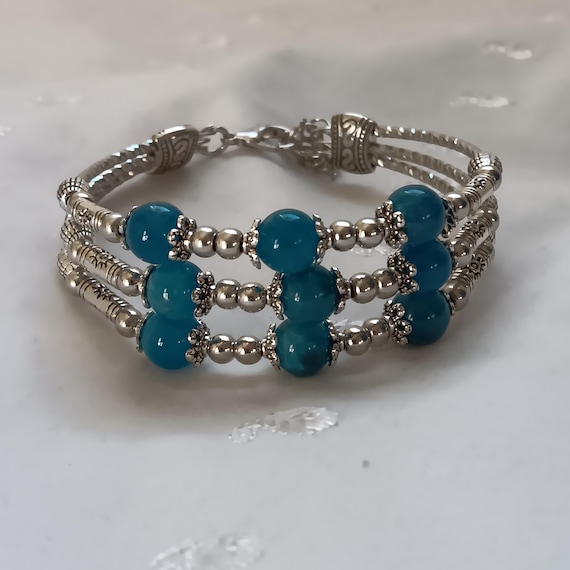 Genuine Apatite And Silvertone, Triple-Strand Ladies Bracelet
