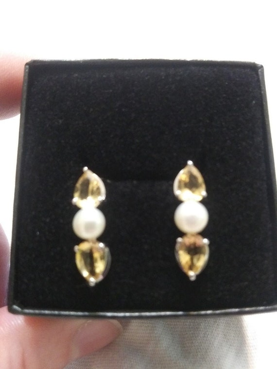 Lovely Genuine Citrine And Pearl Earrings Set In Sterling Silver