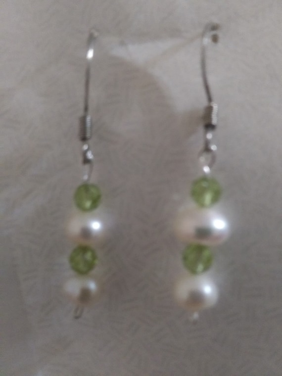 Genuine Faceted Peridot And Freshwater Pearl Drop Earrings