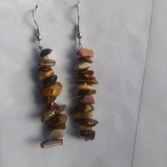 Genuine Mooakite and Tiger's Eye Chip Long Dangle Earrings