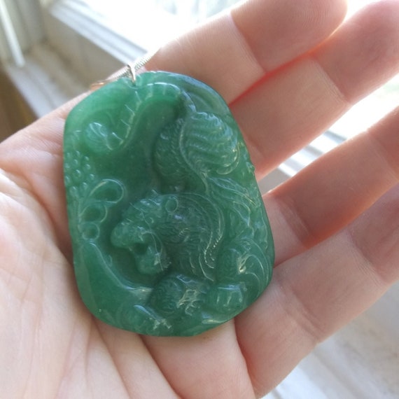 Genuine Green Aventurine Asian Tiger Pendant With Sterling Silver Necklace