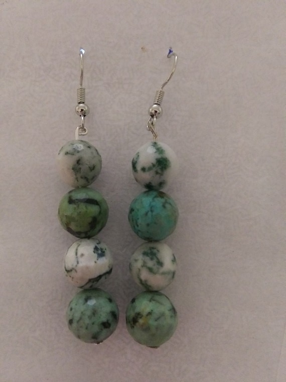 Genuine Tree Agate And African Turquoise Dangle Earrings