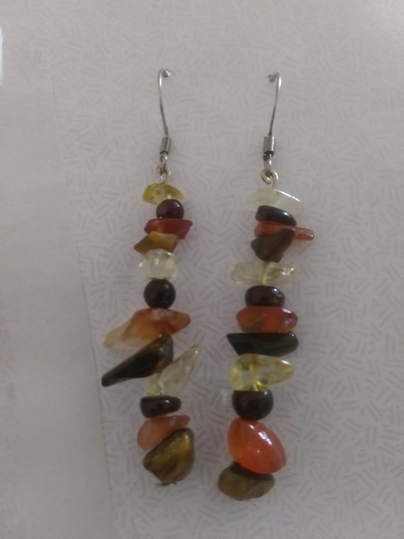 Autumn Leaves Long Dangle Earrings-Made W/Citrine, Garnet, Carnelian, & Tiger's Eye