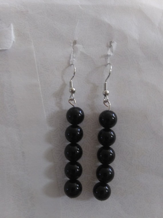 Genuine Black Onyx Round Bead Dangle Earrings