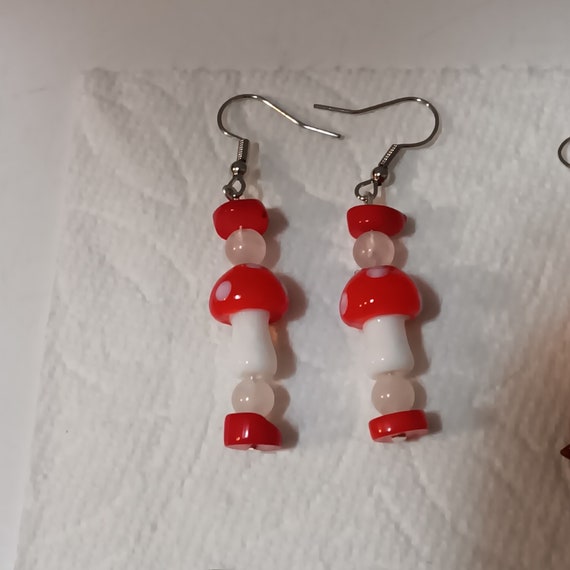 Groovy, Red Magic Mushroom Dangle Earrings With Genuine Gemstones