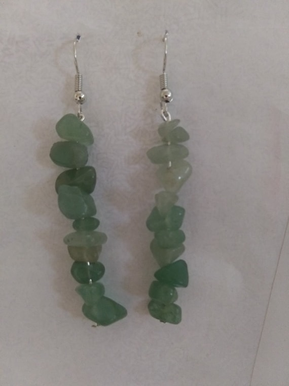 Handmade Genuine Green Aventurine Chip Long Dangle Earrings