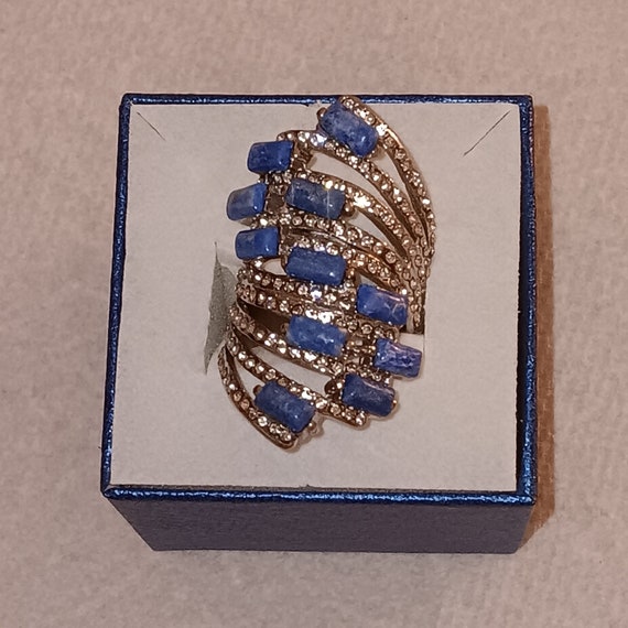 Lovely, Genuine Denim Lapis Lazuli and Crystal Cocktail Ring Set In Sterling Silver-Size 7