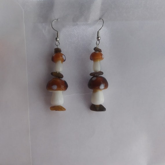 Magic Mushroom Long Dangle Earrings With Genuine Tiger's Eye Chips