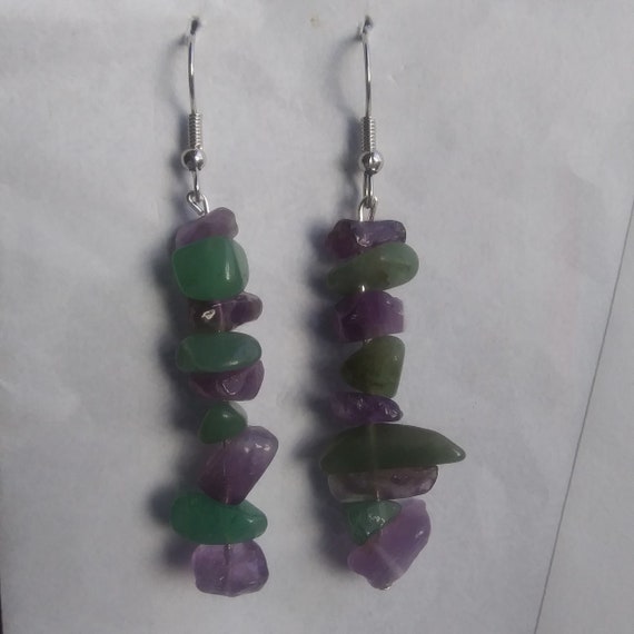 Genuine Amethyst and Green Aventurine Chip Long Dangle Earrings