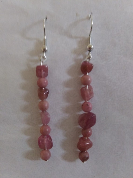 Handmade, Genuine Pink Tourmaline Nugget And Rhodochrosite Bead Dangle Earrings