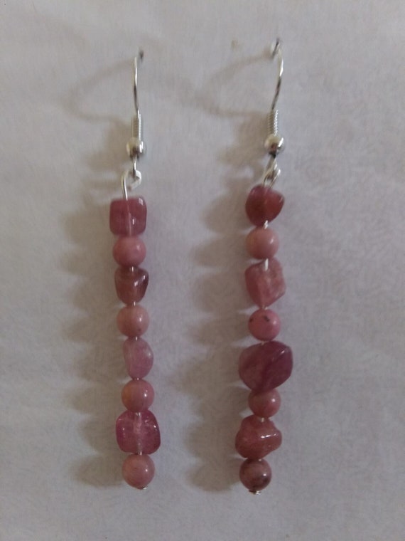 Handmade, Genuine Pink Tourmaline Nugget And Rhodochrosite Bead Dangle Earrings