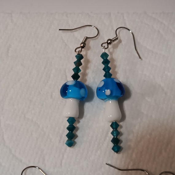 Groovy, Blue Magic Mushroom Earrings With Genuine Apatite Beads