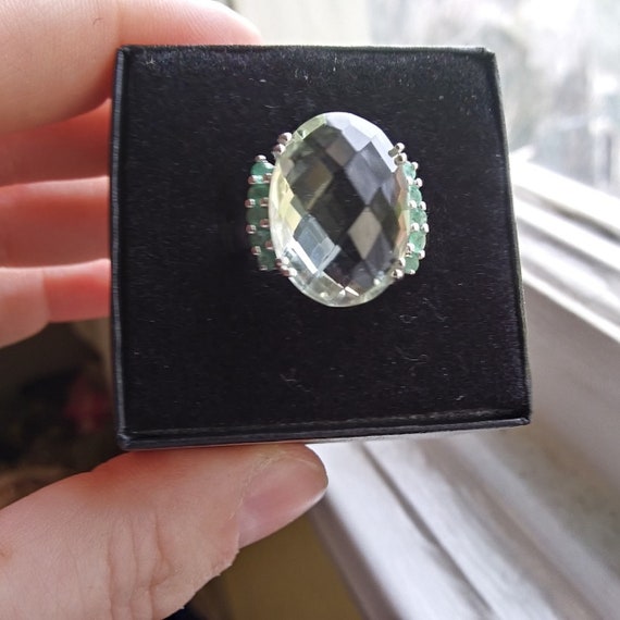 Ladies Large, Genuine Prasiolite(Green Amethyst) And Emerald Ring Set In Sterling Silver-Size 7