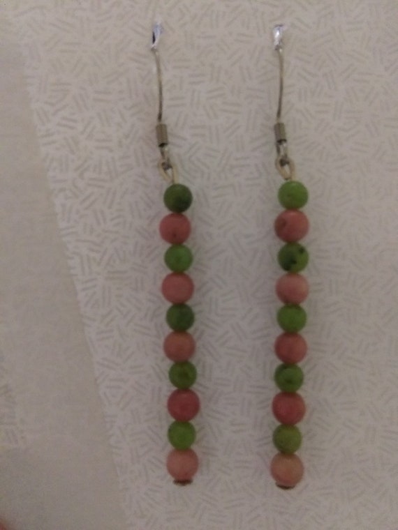 Genuine Green Jade And Rhodonite Bead Dangle Earrings.