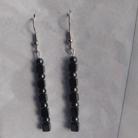 Genuine Hematite Bead and Cube Long Dangle Earrings