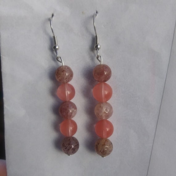 Genuine Strawberry and Cherry Quartz Large Bead Long Dangle Earrings