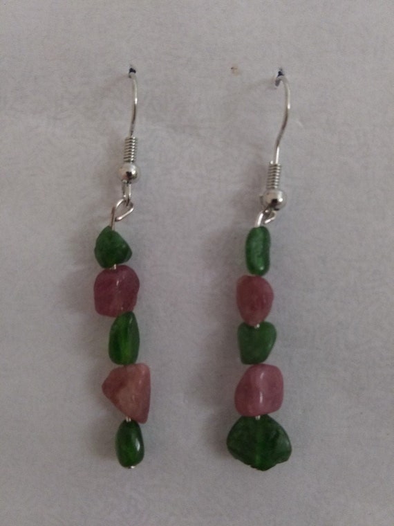 Genuine Pink Tourmaline And Russian Green Diopside Dangle Earrings