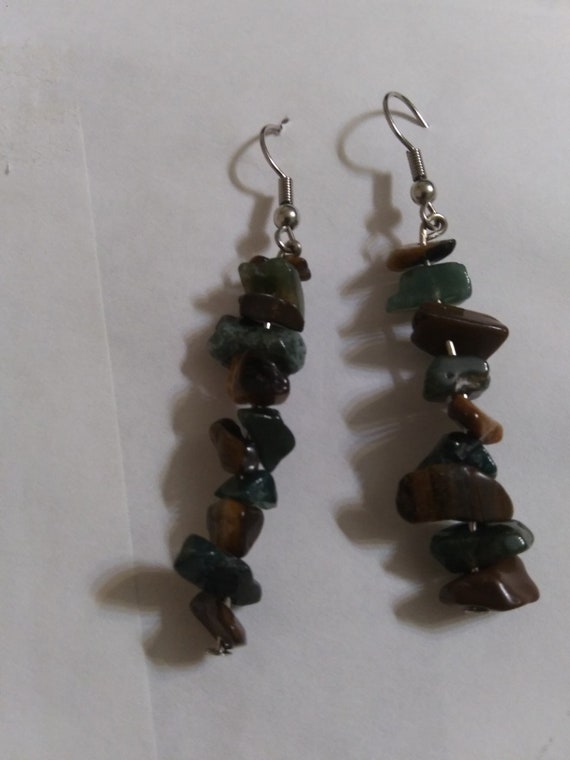 Tiger's Eye And Ocean Jasper Long Dangle Earrings