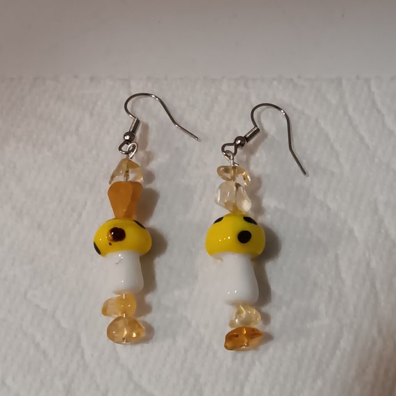 Groovy, Yellow Magic Mushroom Dangle Earrings With Genuine Citrine Gemstones