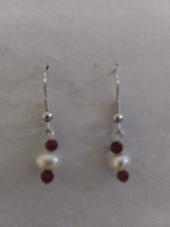 Genuine, Handmade Red Tourmaline And Freshwater Pearl Earrings
