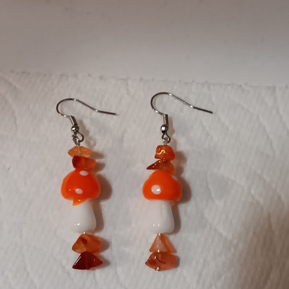 Groovy, Orange Magic Mushroom Dangle Earrings With Genuine Gemstones