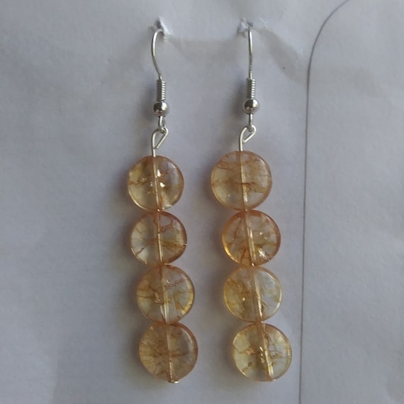 Handmade, Genuine Golden Rutilated Quartz Long Dangle Earringgs