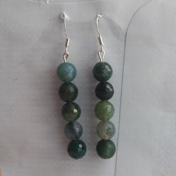 Genuine Moss Agate Faceted Large Bead Long Dangle Earrings