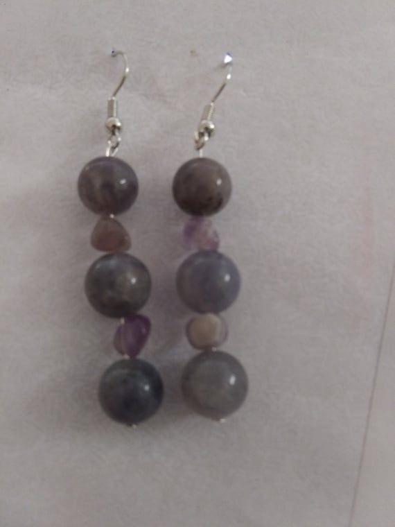 Genuine Iolite And Amethyst Dangle Earrings