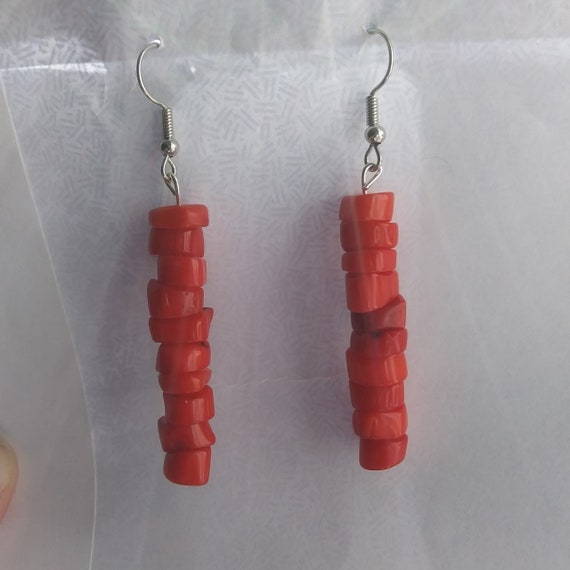 Genuine Red Coral Long Dangle Earrings