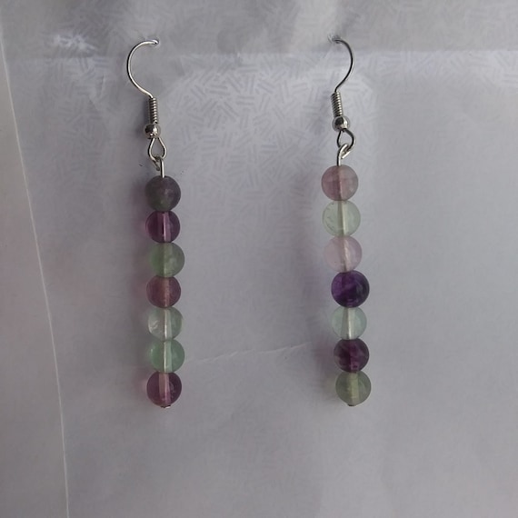 Genuine Flourite Medium Bead Long Dangle Earrings