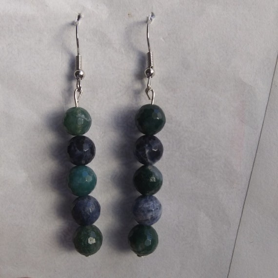 Genuine Moss Agate and Sodalite Faceted Large Bead Long Dangle Earrings