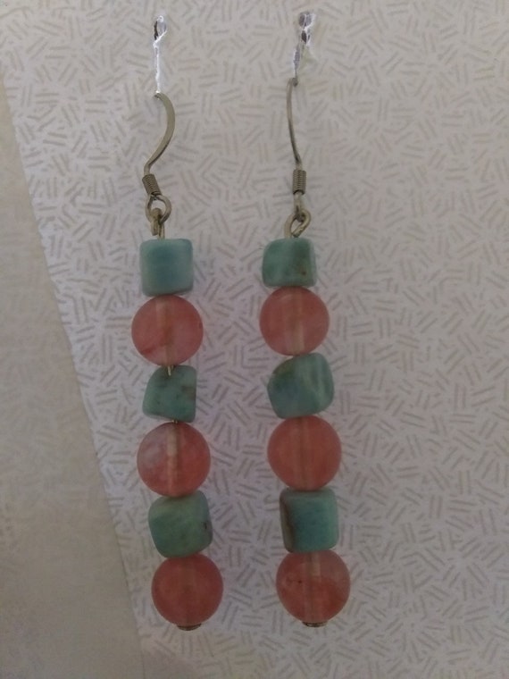 Cherry Quartz And Larimar Dangle Earrings