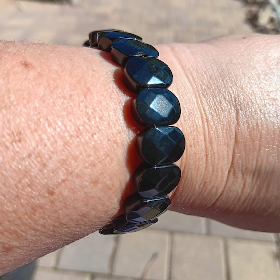 Genuine, Faceted Black Obsidian Bead Stretch Bracelet.