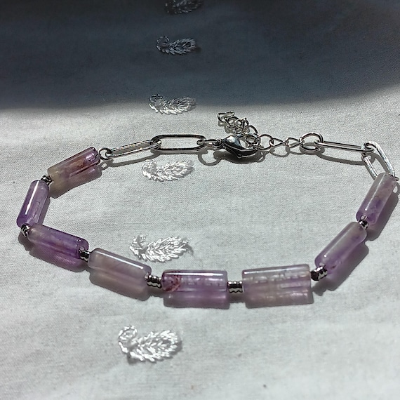Delicate, Genuine Amethyst Bead & Silvertone Bracelet