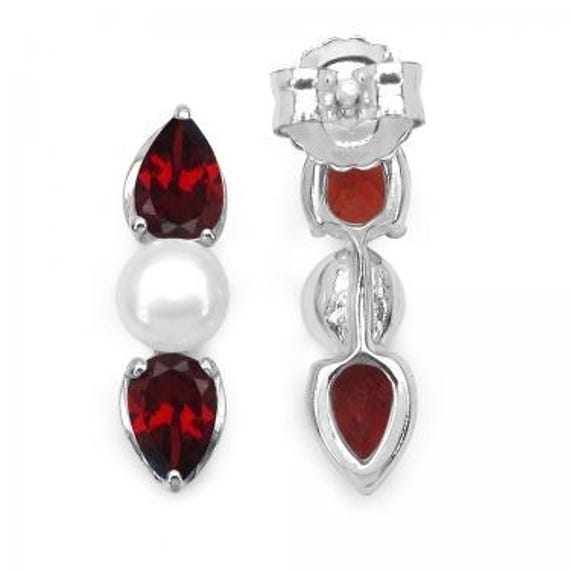Lovely, Genuine Garnet And Pearl Earrings Set In Sterling Silver