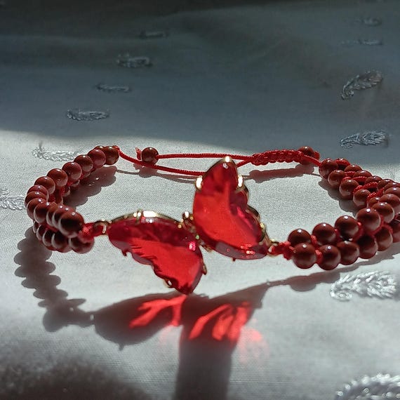 Genuine Red Jasper W/Red, Glass Butterfly Charm Beaded Bracelet