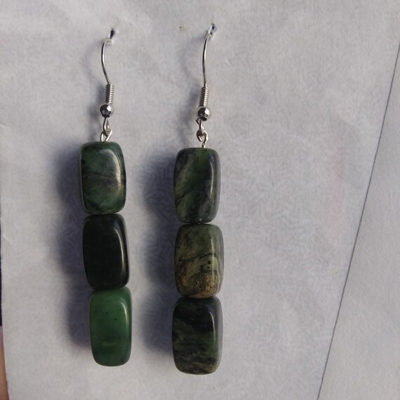 Dark Green Nephrite Jade Nugget Dangle Earrings