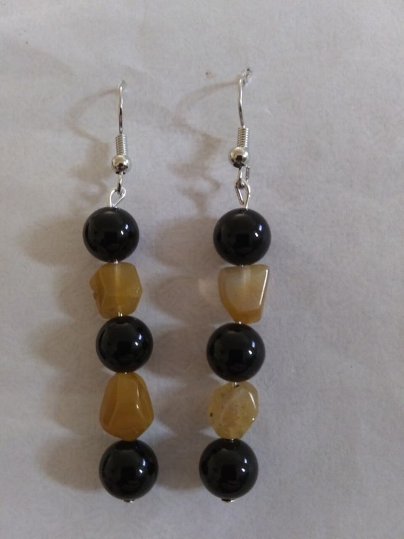 Handmade, Genuine Large Bead Black Onyx And Lemon Quartz Nugget Dangle Earrings