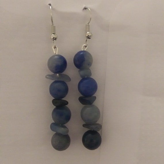 Genuine Blue Aventurine Large Bead And Chip Long Dangle Earrings