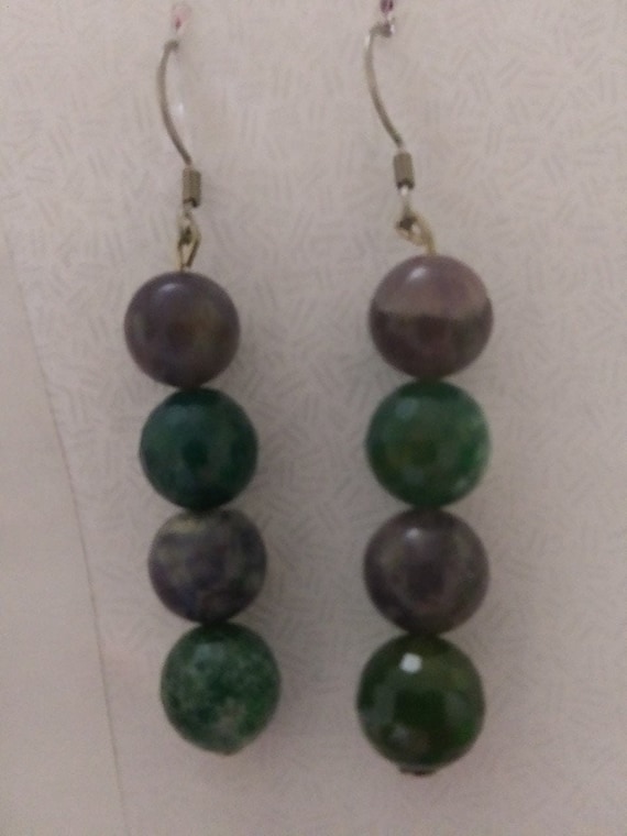 Genuine Iolite And Tree Agate Large Bead Dangle Earrings For Sale