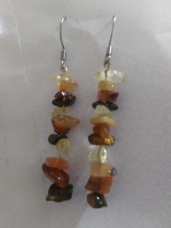 Autumn Splendor Long Dangle Earrings-Made W/Citrine, Carnelian, Red Agate, and Tiger's Eye