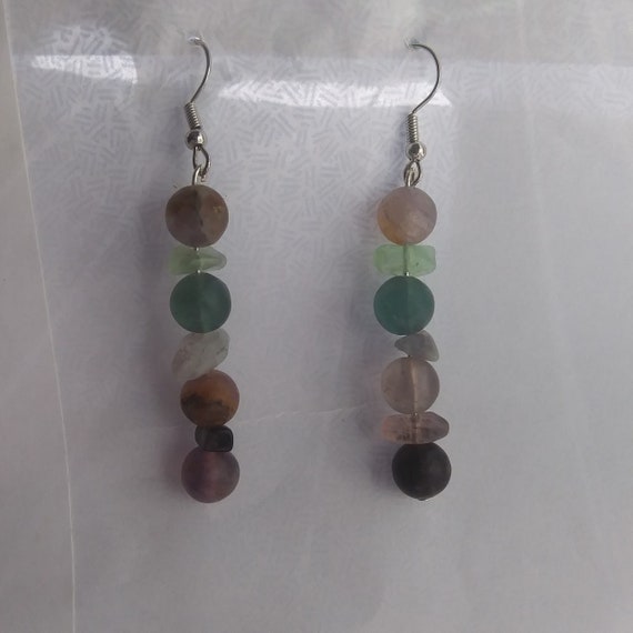 Genuine Flourite Large Bead And Chip Long Dangle Earrings