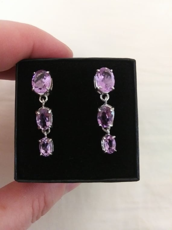 Stunning, Genuine Amethyst Three-Stone Drop Earrings Set In Sterling Silver