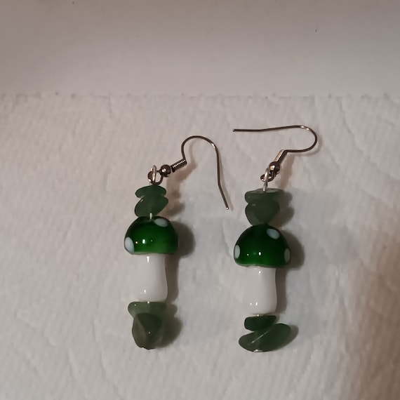 Groovy, Green Magic Mushroom Dangle Earrings With Genuine Green Aventurine Gemstones