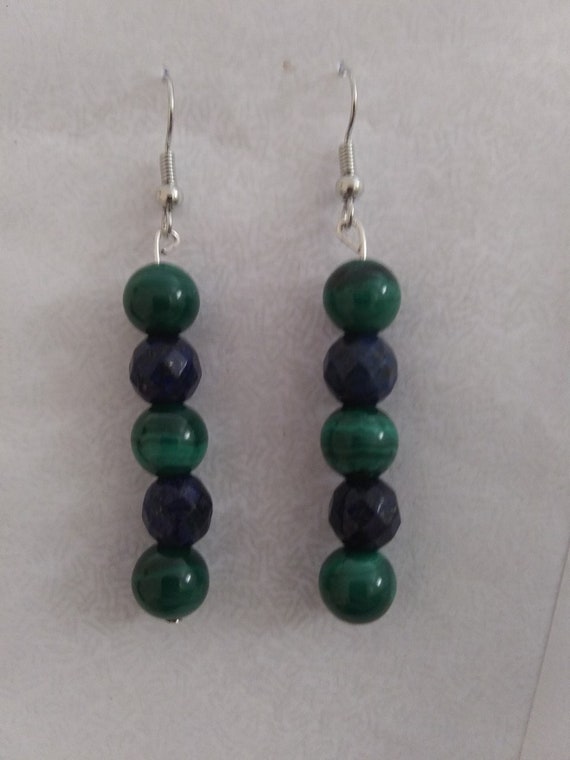 Genuine Malachite And Lapis Lazuli Dangle Earrings