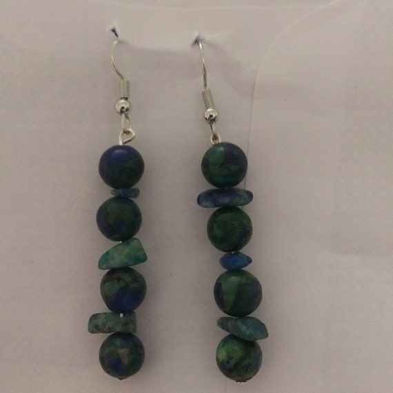 Genuine Chrysocolla Large Bead And Chip Long Dangle Earrings